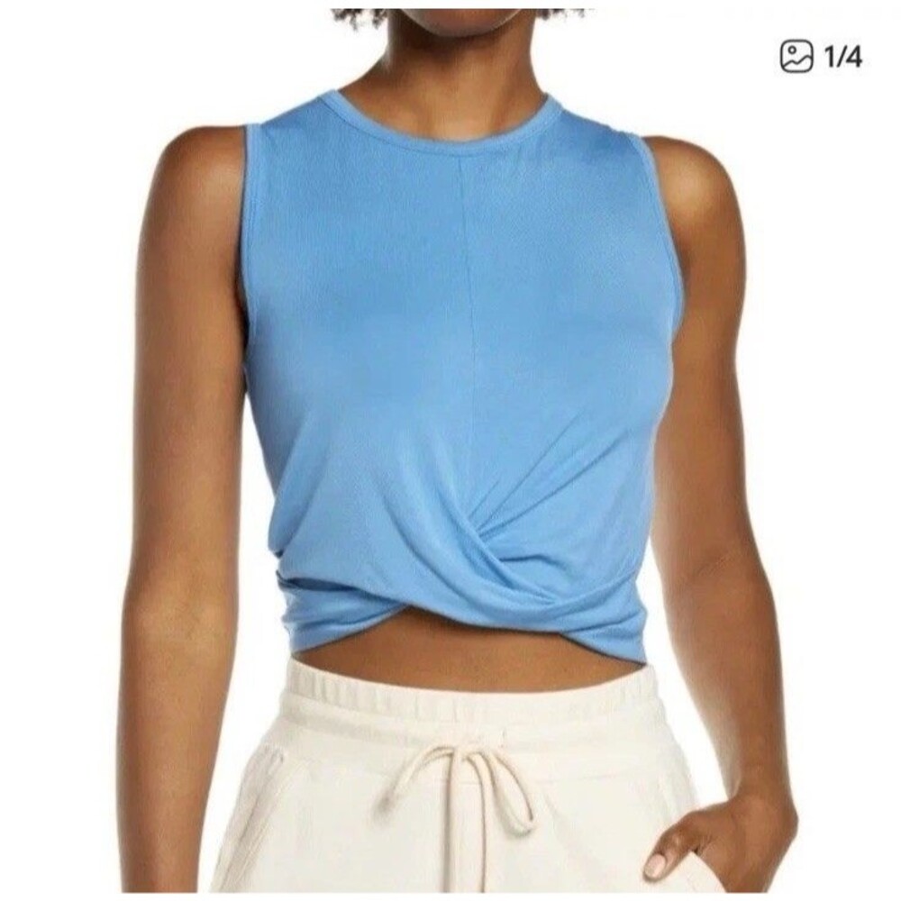 Alo Yoga Everyday Edge Cafe Blue Cover Tank Muscle Gym Crop Top Draped M